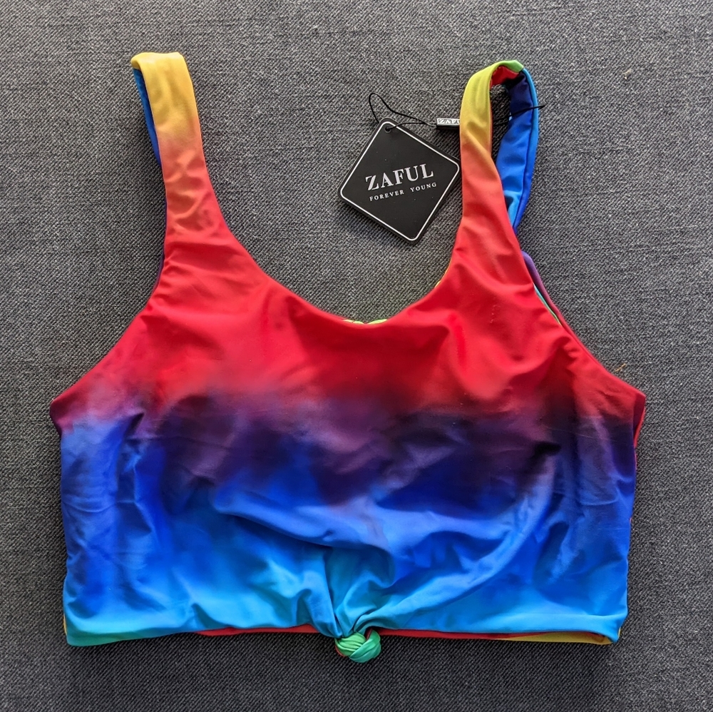 ZAFUL Tie Dye Knot Swimwear Ruched Swimsuit Rainbow Bikini Top